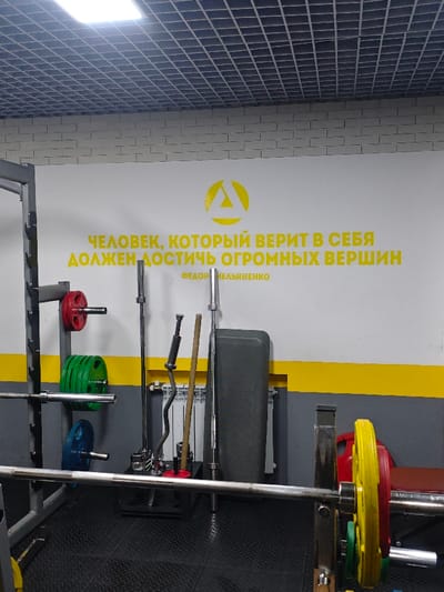 This image depicts the interior of a gym in Pyt'-Yakh, Russia. The environment features white walls with a prominent horizontal yellow stripe separating a lower dark grey wall section. A lighter grey, rectangular brick-patterned cladding segment is visible on the upper wall. The ceiling is a dark grey grid-style suspended ceiling, containing at least one bright, rectangular LED light fixture. The floor is covered with black, textured rubber interlocking mats. A white radiator is mounted on the lower grey wall section on the right.

On the white wall, a yellow triangular logo with an internal circular element is present. Below it, a motivational quote in yellow Cyrillic text reads: "ЧЕЛОВЕК, КОТОРЫЙ ВЕРИТ В СЕБЯ ДОЛЖЕН ДОСТИЧЬ ОГРОМНЫХ ВЕРШИН" (A man who believes in himself must achieve great heights), attributed to "ФЕДОР ЕМЕЛЬЯНЕНКО".

Gym equipment is visible throughout the scene. On the left, a portion of a grey metal power rack is visible, featuring storage pegs holding multi-colored Olympic weight plates: red, green, and a partially visible blue. Several barbells, including a straight bar and an EZ curl bar, are stored vertically in a black stand in the mid-ground, alongside a light brown cylindrical pole. A dark grey rectangular exercise bench or box is positioned upright against the wall next to the radiator. In the foreground, a barbell loaded with yellow and red Olympic weight plates rests on a gym rack. No individuals are present, and no actions or interactions are occurring. The scene is static.