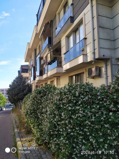 The image captures a street scene in Avcılar, Turkey, featuring a modern apartment building with balconies and air conditioning units. A dense hedge of flowering bushes lines the sidewalk, which is paved with cobblestones. A tall, dark green evergreen tree stands beside the building, and the sky is clear blue with scattered clouds. The photograph also includes a timestamp and location marker at the bottom: "REDMI NOTE 7 ТУРЦИЯ 2026/6/18 17:52".