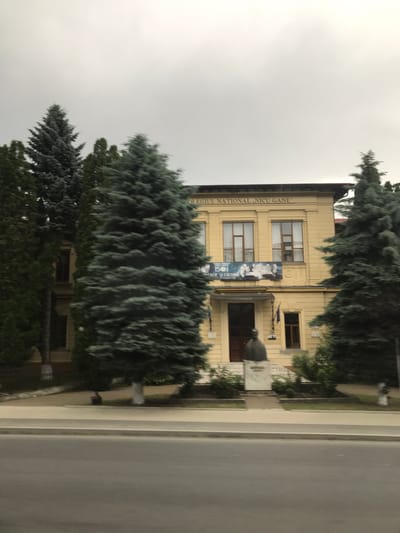 The image displays the front facade of Colegiul Național „Nicu Gane” in Fălticeni, Romania, under an overcast sky. The two-story building is painted a light yellow or ochre, featuring a classical architectural style with dark-framed rectangular windows. Above the first-floor windows, the text "COLEGIUL NATIONAL „NICU GANE”" is prominently displayed. Below these windows, a banner reads "150 ANI DE EDUCATIE SI CULTURA," accompanied by historical photographs.
A dark-colored bust or statue, likely of Nicu Gane, stands on a white pedestal directly in front of the main entrance, which is sheltered by a small canopy. Numerous dense evergreen trees with blue-green foliage are positioned on both sides of the building and partially obscure its facade, particularly on the left. Other green trees are visible further back and to the left. In the foreground, a paved road stretches horizontally, separated from the building by a light-colored sidewalk and a strip of grass with some bushes and landscaping. A small white post with a dark top is visible on the far right of the sidewalk.