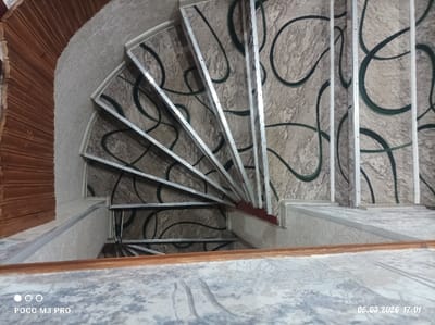 The image depicts an overhead view looking down a winding interior staircase within a structure in Dmitrievskaya, Russia. The staircase features multiple wedge-shaped steps carpeted in a light beige/grey material adorned with an abstract pattern of dark green, wavy lines. Each step's leading edge is fitted with a silver-colored metal trim. A series of slender, vertical silver-colored structural elements or balusters ascend from the lower levels, forming part of the stairwell's central support or railing. A dark reddish-brown wooden element forms the inner edge of the staircase's curve. The wall to the left of the staircase displays a light-colored, textured surface with a vertically grooved, reddish-brown wooden archway or paneling. The floor of the upper landing, from which the photograph is taken, is a light-colored, patterned surface, bordered by a smooth wooden handrail in the foreground. No individuals are present. The image metadata indicates it was captured by a "POCO M3 PRO" device on "06.03.2026 at 17:01".