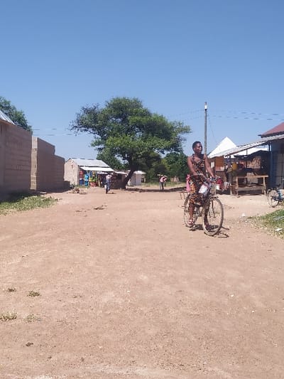 An outdoor scene in Lugeye, Tanzania, depicts a unpaved dirt road under a clear blue sky on a sunny day. In the foreground and mid-ground, a dark-skinned adult female, wearing a colorful patterned sleeveless dress, rides a black bicycle from right to left. Her hands are on the handlebars, and her feet are on the pedals, indicating active motion. The bicycle features a front basket or rack.

On the left side of the road, unfinished concrete block buildings are visible, with one showing exposed brickwork and a partial roof. Further down the road on the left, smaller structures with tin roofs appear to be commercial establishments. In the mid-ground center, a large, dense green tree stands prominently. To the right of the tree, a slender utility pole with power lines extends upwards.

On the right side of the road, a cluster of buildings includes one with a white pyramidal roof and another with a dark reddish-brown roof, possibly a shop, displaying wooden structures or goods outside. A partial wheel of another bicycle is visible on the far right. In the distance, near the large tree, a figure in a pink garment walks leftward. Another small, distant figure is visible further down the road on the left. Sparse patches of green vegetation are scattered on the dirt ground. No direct interactions between individuals are discernible.