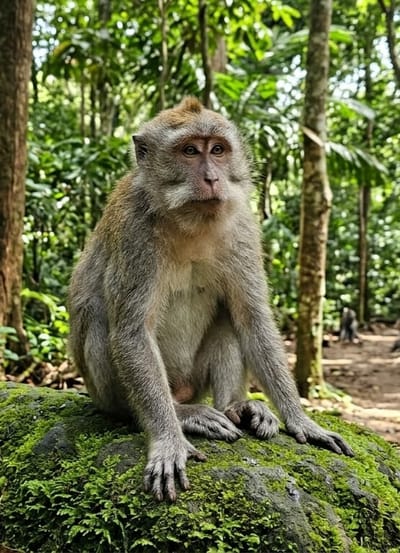 This media file features a full-body shot of a long-tailed macaque monkey sitting on a moss-covered rock in a lush, green forest. The monkey is the central subject, its light brown and gray fur clearly visible. It is seated upright, with its hands resting on the mossy surface in front of it. Its facial expression is neutral, with large, dark eyes gazing forward.

The setting is a dense forest with tall trees and thick foliage, suggesting a natural habitat. Sunlight filters through the canopy, creating dappled light effects on the monkey and the surrounding environment. The ground appears to be a dirt path, and other trees and vegetation are visible in the background, some out of focus. Another monkey can be seen in the far background, suggesting the presence of a group.

The overall impression is one of a peaceful moment captured in a natural environment. There are no visible signs of human activity in the immediate vicinity of the monkey, other than the implied presence of someone taking the photograph. The lighting suggests it is daytime, likely morning or afternoon, with fair weather given the vibrant green of the foliage. The location context provided, Dolat Rayat, Indonesia, places this scene within a tropical or subtropical forest environment. No text is visible in the image.