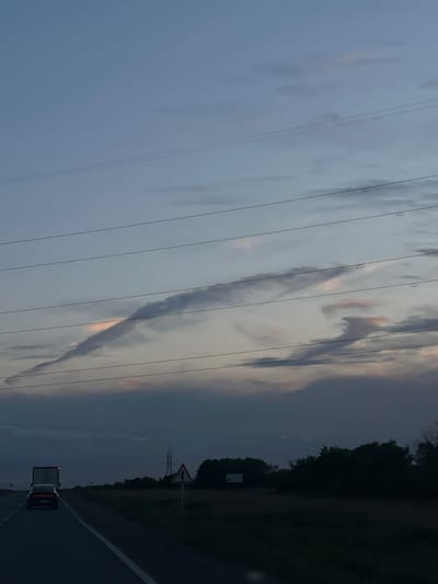 This is a rotated photograph capturing a scene of a road and sky. The dominant subjects are power lines stretching across the frame, silhouetted against a cloudy sky. The sky displays a mix of light and dark clouds, with hints of warm light, suggesting either sunrise or sunset.
In the background, a dense line of trees borders the right side of the image. A road is visible in the lower right quadrant, with a car driving away from the viewer. The car appears to be a dark-colored SUV or minivan with its brake lights illuminated. A triangular warning sign is mounted on a pole near the trees.
The overall impression is that of a rural or highway setting in Kazakhstan, likely during twilight or a stormy weather event. The lighting is dim, contributing to a slightly dramatic or somber mood. No people are clearly discernible as subjects in the image. There is a small, illegible sign near the trees in the background.