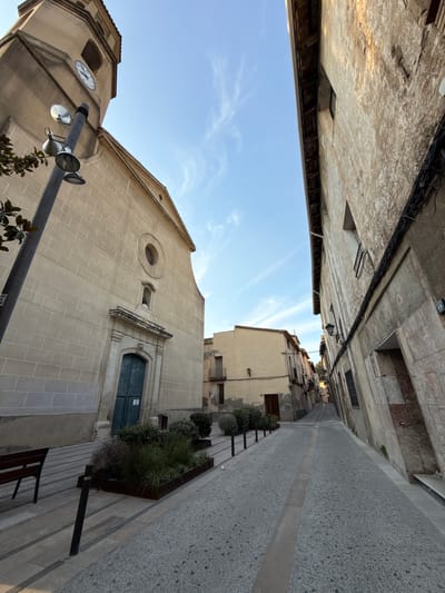 The image depicts a street scene in the city of La Pobla De Claramunt, Spain. On the left side of the frame is the exterior of a building with a clock tower and a large entrance with a green door. The building is constructed of light-colored stone blocks. A lamppost with two lights stands in front of this building. To the right of the street, an aged building with a textured, weathered facade dominates the view. The street itself is paved with cobblestones and a central dividing line of different colored stones. There are planters with greenery situated between the building on the left and the street. The sky above is blue with thin wisps of clouds. The perspective is slightly tilted, giving a dynamic feel to the composition. The scene appears to be captured during daylight hours, possibly late afternoon or early morning given the lighting. No people are visible in the image.
