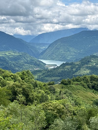 This image captures a panoramic view of a lush, mountainous landscape in Orbeli, Georgia. In the foreground, dense green trees with light green foliage create a textured layer. Behind them, rolling hills covered in vibrant green grass and scattered trees ascend towards the middle ground. A small, white shed is visible on the crest of one of these hills.
Further in the distance, a body of water, likely a river or lake, winds through a valley. The water appears a pale blue-green, reflecting the overcast sky. Along the banks of the water, a small settlement with clustered buildings can be seen. The valley is flanked by towering mountains, their slopes covered in a dense carpet of trees, presenting various shades of green. The farthest mountains fade into a hazy blue, layered one behind the other, suggesting great depth. The sky above is a mix of gray and white clouds, indicating a partially overcast day. The overall scene depicts a serene, natural environment with signs of human habitation integrated into the landscape.