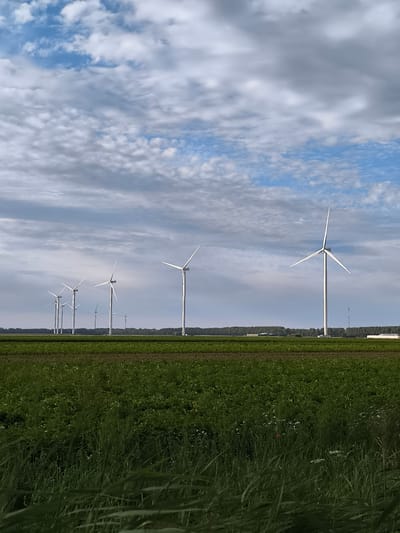 The image depicts a field of wind turbines located in Wieringerwerf, Netherlands, under a cloudy sky. In the foreground, lush green grass and foliage are visible. Beyond this, a vast agricultural field stretches towards a line of wind turbines. The turbines are tall, white structures with three blades, spaced across the horizon. Some buildings and a distant treeline are visible behind the turbines. The sky is partly cloudy with patches of blue. The scene is a clear representation of a wind farm in a rural setting.