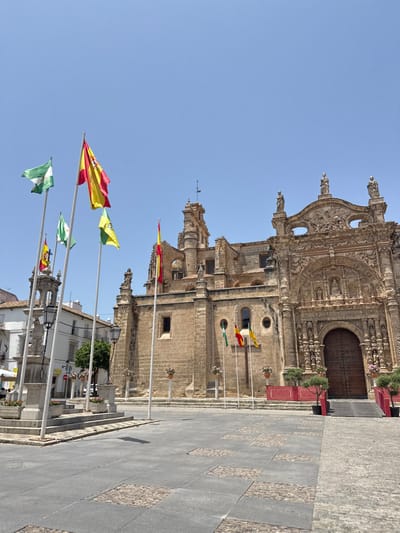 An ornate, light-brown stone church dominates the scene, its facade intricately carved. Flags fly in the foreground, their poles lined up against the sky. Paved ground stretches from the church, its surface textured with dark stones. Nearby buildings with white facades add depth, and greenery can be seen interspersed in the scene. The sky is bright blue.