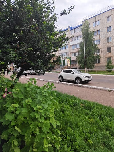 In Kumertau, Russia, a white Nissan Juke is parked on the side of a road. The car is positioned on a paved surface adjacent to a sidewalk, with a grassy area and lush green foliage in the foreground. In the background, a multi-story brick apartment building with blue trim and numerous windows stands tall. A tall, slender tree with green leaves grows near the building. A street sign indicating a speed limit of 40 is visible near the building entrance. The sky above is overcast.
