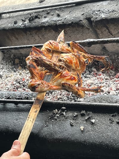 A whole chicken is being roasted over hot coals on a spit, held by a hand. The chicken is golden brown with some charred bits, indicating it is well-cooked. The coals are glowing red and grey, suggesting high heat. The roasting apparatus appears to be made of metal bars and a rough, dark stone-like material. The background is blurred but shows more coals and a rough, dark surface. The scene is outdoors, likely a street food stall or an outdoor kitchen, consistent with the typical culinary environment in Sengkol, Indonesia, where such preparations are common.