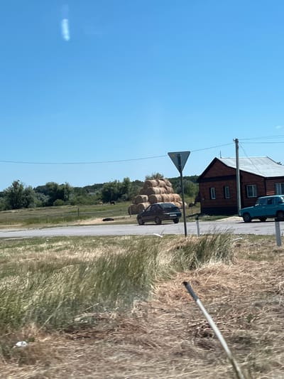 The image depicts a rural roadside scene under a clear blue sky. In the foreground, dry, light-colored grass and some green vegetation are visible, with a blurred object that appears to be a piece of agricultural equipment in the lower right corner. A paved road runs horizontally across the midground, with a narrow strip of green grass and then a field of mixed green and dry grass beyond it. In the distance, a dense line of green trees forms a horizon.

On the right side of the road, a rustic wooden house with a metal roof is situated. A light blue car is parked in front of it. To the left of the house, a tall wooden utility pole with wires is visible.

Further to the left, a dark-colored car is parked on the side of the road. Behind the car, a large, pyramidal stack of hay bales is prominently displayed. A triangular road sign is mounted on a pole between the hay bales and the blue car. In the field beyond the road, several dark-colored animals, possibly horses or cows, are grazing. The overall impression is one of a quiet, agricultural settlement in a sunny, possibly summer, environment. The location is specified as Solodcha, Russia.