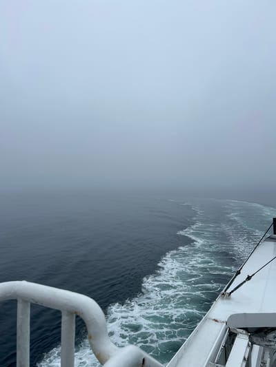 The image depicts a view from the stern of a ferry or ship traveling through foggy waters. The sea is a deep, calm gray, with a distinct white wake trailing behind the vessel. The wake is turbulent and foamy, indicating the ship's movement. The sky is uniformly overcast and a pale gray, blending seamlessly with the distant horizon, creating a muted and slightly melancholic atmosphere.
In the foreground, a white railing with a slightly weathered appearance is visible on the left side of the frame. The deck of the ship, painted white, is present on the right side of the image, with visible ropes and some signs of rust or discoloration on the edges. The overall impression is one of a journey through a misty, open body of water, likely the North Sea, given the context of Stavanger, Norway. Stavanger is a coastal city known for its oil industry and its location on the southwestern coast of Norway, facing the North Sea. This image captures a typical maritime scene from that region, especially during foggy conditions.