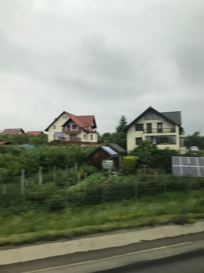 The image displays a semi-rural landscape in Șcheia, Romania, captured from a moving vehicle under an overcast sky. The upper third of the frame is occupied by a uniform light grey sky, indicating cloud cover.

The midground features two prominent multi-story residential houses. The house on the left exhibits light-colored walls and a distinctive reddish-orange tiled gabled roof. It includes multiple windows and balconies, with a solar thermal collector visible on a lower roof section on its left side. To the right, a second house also has light-colored walls but is topped with a darker, possibly grey or black, tiled gabled roof, featuring an arched window on its upper level and a balcony on a lower level. A tall, dark evergreen tree is positioned behind and to the left of this structure.

Dense green vegetation, consisting of various trees, bushes, and overgrown areas, is abundant throughout the midground, particularly between and around the houses. A smaller, dark-roofed outbuilding or shed is situated to the left of the rightmost house. Further to the right, a set of multiple large, rectangular solar panels are installed on a low-lying structure. A wire fence, supported by vertical posts, runs horizontally across the midground, partially obscured by blurred foreground vegetation. A light-colored vehicle is partially visible behind some foliage near the rightmost house.

The foreground, encompassing the bottom portion of the image, depicts a paved road surface with a light-colored concrete curb or barrier on its left side. This area, along with the immediate grass line, exhibits pronounced horizontal motion blur, consistent with the image having been taken while in motion. No human figures are present in the scene.