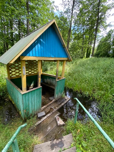 The image depicts a wooden structure, likely a small covered well or a rest area, situated beside a natural body of water. The structure has a triangular, blue roof with yellow trim, and green wooden walls. Lattice-work sections are visible within the structure. Wooden planks form a walkway leading to and around the structure, and a green metal railing is present. The surrounding environment is lush and green, with tall grass and trees visible, suggesting a natural, possibly rural or park-like setting. The water appears dark and reflects the surrounding vegetation. The wooden surfaces are weathered, some showing peeling paint, and the planks on the walkway are wet, indicating recent rain or proximity to the water. The sky is partially visible through the trees, with some clouds. The overall impression is one of a simple, rustic outdoor location. There is no visible text in the image. The time of day appears to be daytime, with natural light illuminating the scene.