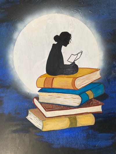 This is an acrylic painting depicting a stylized scene. The main subject is a silhouette of a person, likely a woman given the long hair, reclining and reading a book. The person is positioned within a large, luminous white circle that resembles a moon or a spotlight. This circle is set against a dark blue and black background with visible brushstrokes and a textured surface, suggesting a night sky or a mystical atmosphere.
Emerging from the right side of the frame and arching over the reading figure is a row of several books. The books are depicted in a somewhat abstract style, with bold colors and simple shapes. They are painted in shades of yellow, blue, and brown, with white pages visible. Their spines suggest they are of varying sizes.
The overall mood of the painting is one of tranquility and immersion in reading, perhaps suggesting the escapism or knowledge gained from books. The dramatic lighting from the white circle emphasizes the act of reading as a central, almost magical, activity. There is no visible text in the artwork. The style is illustrative and somewhat dreamlike.