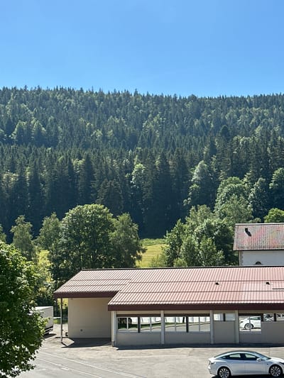In Le Brassus, Switzerland, under a clear blue sky, a dense forest covers a hillside that slopes upwards. In the foreground, a building with a reddish-brown, corrugated metal roof stretches across the image. This structure appears to be an industrial or commercial building with large windows reflecting the surrounding trees and sky. To the left of this building, a white truck with a trailer is parked. Further to the right, another building with a similar roofline and a light-colored facade is partially visible, with a dark shape resembling a bird on its tiled roof. In front of the main building, a white electric car is parked on an asphalt surface. The scene depicts a mix of natural and man-made elements in a semi-rural or suburban setting.
