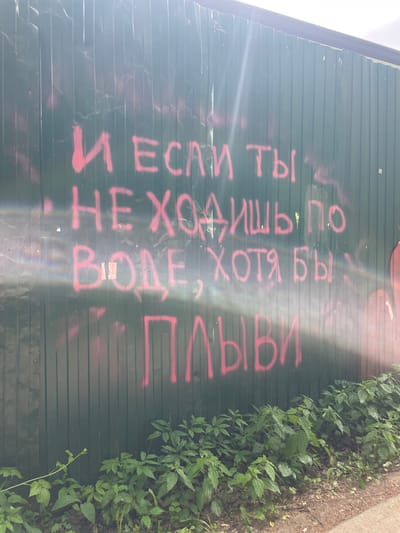 The image shows a section of a green metal corrugated fence. Red graffiti is spray-painted on the fence in Russian. The text translates to "If you don't walk on water, at least swim." Along the right side of the fence, there is a patch of green plants. The image was taken outdoors in Trekhgorka, Russia.