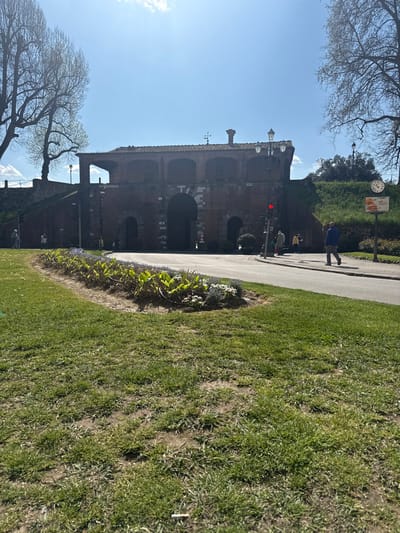 The image displays the exterior of Porta Sant'Anna in Lucca, Italy, viewed from a public green space on a sunny day. In the foreground, a vibrant green grass lawn occupies the lower half of the frame. A curved flowerbed, featuring light green leafy plants and clusters of small white and purple flowers, separates the lawn from a paved asphalt road. A discarded cigarette butt is visible on the grass in the bottom center.

The midground features a two-lane asphalt road curving from left to right, with a paved sidewalk running alongside its right edge. The imposing brick and stone structure of Porta Sant'Anna dominates the central background. It features a large central arched passageway, flanked by smaller arches, and an upper level with a series of smaller open arches, topped by a terracotta tile roof with a visible chimney and a metal weather vane. Ornate street lamps are attached to the gate's facade and positioned along the road. A red traffic light is active on a pole adjacent to the road, near the gate. To the right of the road, a grassy embankment slopes upwards. A tall pole on the far right supports a circular clock and a rectangular advertising sign, one panel depicting a burger.

Several individuals are present. On the left, two figures walk along a path near the base of the city wall/rampart. Near the traffic light in the center, a group of two to three individuals stands on the sidewalk, appearing to wait. On the far right, a male figure wearing a blue jacket and dark trousers walks away from the viewer on the sidewalk. The environment is characterized by a clear, bright blue sky with some faint haze. Large, deciduous trees with bare branches frame the scene on both sides, suggesting early spring. Sunlight casts distinct shadows across the scene.