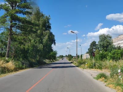 The image depicts a road in Krushovitsa, Bulgaria, on a clear, sunny day. The scene is an asphalt road with a prominent orange line marking the lane. To the left, lush green trees and foliage line the road, with a tall pine tree and a weeping birch prominently visible. To the right, the vegetation is also dense, with a prominent stop sign visible near a gravelly area. In the distance, the road stretches onward, with a few cars visible and more trees lining the sides. Beyond the trees on the right, a large, multi-story building with a white facade and rows of windows can be seen, suggesting a developed area or possibly a construction site. The sky is a vibrant blue, dotted with a few fluffy white clouds, indicating fair weather. The time of day appears to be daytime, likely late morning or early afternoon, given the strong sunlight and shadows cast. The overall impression is one of a rural or semi-rural road in a temperate climate during the summer. No people are visible in the image. The visible text is "STOP" on the traffic sign.