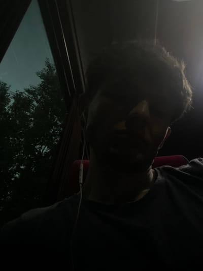 An overexposed, low-light selfie is taken from the perspective of someone in a vehicle, likely a bus or train. The subject's face is largely obscured by shadow, with only parts of their forehead, hair, and nose visible. They are wearing a dark t-shirt and white earphones. Outside the vehicle window, which occupies the left side of the frame, a dark silhouette of trees against a twilight sky is visible. The interior of the vehicle appears dark, with a hint of red upholstery. The image does not contain any specific landmarks or clues that would indicate a location in the city of Taraclia, Moldova.