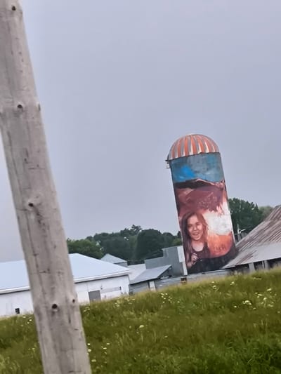 An outdoor, slightly blurry, medium-shot photograph captures a mural painted on a silo at a rural farmstead. The silo, tilted to the right, is adorned with a mural depicting a young girl with a wide smile and open mouth, looking slightly upward and to the left. Above and behind her, a bird of prey with outstretched wings, rendered in earthy tones of brown and red, appears to be swooping down or flying away. The top of the silo is painted with orange and white stripes.

In the background, a series of white agricultural buildings with silver roofs are visible, suggesting a working farm. A sloped, corrugated metal roof of another building extends into the foreground from the right side of the frame. A weathered, light-colored wooden post occupies the left foreground, obscuring part of the farm buildings and a grassy field dotted with small white wildflowers. The sky is overcast and a muted gray. The overall scene suggests a summer day in a rural setting. The specific location is identified as the city of Russell, Canada.