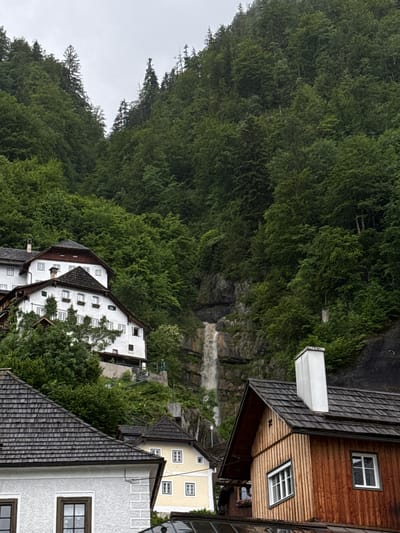 This is a vertical, eye-level, medium shot of the historic Austrian village of Hallstatt, nestled in a steep, heavily wooded mountainside. A narrow waterfall cascades down the rocky, forested incline in the mid-ground, its water a pale white against the darker rock and surrounding greenery. Several traditional European-style houses with white stucco facades, dark tiled roofs, and numerous windows are visible on the lower slopes of the mountain. One house in the foreground, to the right, has a distinctive wooden exterior and a tall white chimney. The sky above is overcast and a uniform pale gray. The dense forest covers the upper reaches of the mountain, with tall evergreen trees dominating the landscape. There are no people or animals visible in the image. The overall impression is one of a picturesque, well-preserved mountain village under a subdued, potentially damp, weather.