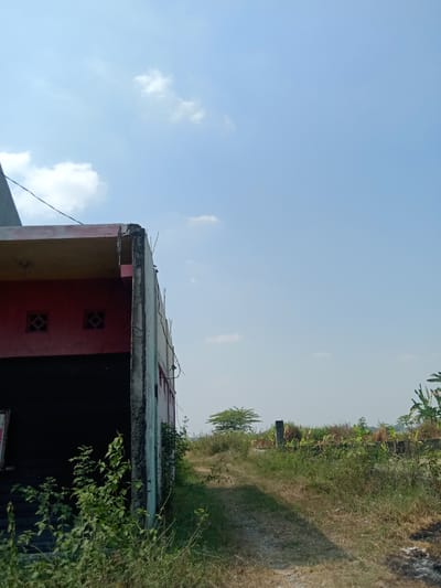 The image captures an outdoor scene in Kemamang, Indonesia, under a clear blue sky with scattered white clouds. In the foreground on the left, the side of a partially constructed or dilapidated building is visible. It has a dark lower section, a red middle section with two square decorative vents, and a lighter upper section with exposed concrete and rebar at the edge, suggesting unfinished construction or decay. Electrical wires are strung across the top of the building.
A dirt path leads away from the building into a grassy and vegetated area. The path curves slightly to the right. Along the path and to the right of it, there is abundant vegetation, including tall grasses, bushes, and some banana trees in the background. In the mid-ground, there is a single, small, leafy tree. Further in the distance, the landscape appears to be rural or semi-rural, with more vegetation and possibly other structures or remnants of construction. The overall impression is one of a somewhat neglected or undeveloped area. There are no people or animals visible in the image.
