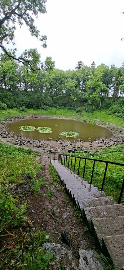 The image shows the Kaali meteorite crater lake in Kaali, Estonia. It is a natural depression in the landscape filled with murky, olive-green water. Several clusters of lily pads float on the surface of the water. The edges of the crater are surrounded by rough, rocky terrain and lush green vegetation, including trees that form a dense forest canopy around the crater. A set of weathered concrete stairs, equipped with a black metal railing, descends from the foreground towards the crater. The ground around the stairs appears to be damp and muddy, with some loose stones and a black corrugated pipe visible on the left side of the path. The sky is overcast, suggesting a cloudy or rainy day.