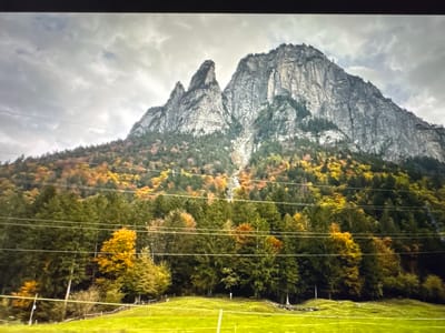 This image captures a majestic mountain range under a cloudy sky, likely during autumn given the foliage. The foreground features a vibrant green grassy field, with a fence line visible. A dense forest of evergreen trees dominates the middle ground, interspersed with deciduous trees displaying a mix of green, yellow, and orange leaves. Several power lines are strung across the scene, parallel to each other. The mountains themselves are imposing, with rugged, rocky peaks and steep, textured slopes. A noticeable ravine or dry waterfall streaks down the face of the central mountain. The location is not specified as Porrentruy, Switzerland, and the image does not contain any people or specific actions.