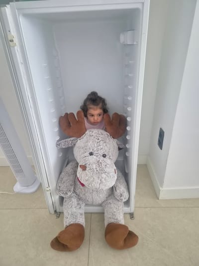 A young child and a large stuffed moose are inside an open white refrigerator. The child is lying on their back with their head to the left, peeking out from behind the stuffed animal. The child has dark curly hair and is wearing a pink shirt. The stuffed moose is gray and white with brown antlers and hooves. It is positioned in front of the child, appearing to be holding them in place. The refrigerator is empty except for the child and the toy. The scene is indoors, with a light-colored tiled floor visible outside the refrigerator. A white electrical outlet with two sockets is mounted on the interior wall of the refrigerator above the child and moose. The image is oriented vertically with the refrigerator opening at the bottom.