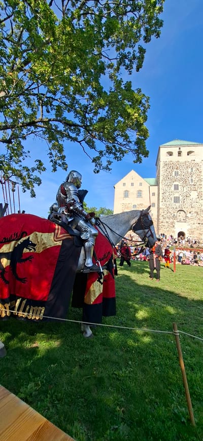 A knight in full armor sits atop a grey horse, which is adorned with a red and gold caparison featuring a black dragon emblem. The knight is positioned on the left side of the frame, facing right. The horse is looking to the right, towards a crowd gathered in front of a stone building complex in the background. The building appears to be Turku Castle, indicated by its characteristic architecture, including a tall tower with a green roof. The scene is set outdoors on a grassy field under a clear blue sky. Sunlight filters through the branches of a large tree on the left side of the image, casting shadows on the ground. Spectators are visible in the middle ground, and some figures in historical attire are also present. A rope barrier runs along the foreground.