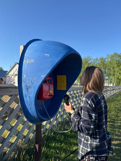 A young female is captured in a daylight outdoor scene in Ust'-Silayka, Russia, intently using a public payphone. The subject, positioned in the right half of the frame, has light brown hair falling to her shoulders and is wearing a dark blue, green, and white plaid fleece jacket over dark, patterned pants. A light pink smartwatch is visible on her left wrist. She holds a black telephone receiver to her right ear with both hands, her left hand gripping the base of the receiver, and appears to be speaking or listening into the blue, dome-shaped payphone enclosure.

The payphone, made of a worn and scratched blue plastic or fiberglass material, is mounted on a rusty dark metal pole. Visible on the exterior of the blue enclosure are yellow numbers "213111" and scratched graffiti, including outlines of hearts and indistinct text. Inside the enclosure, a red, wall-mounted push-button telephone unit with a silver keypad and a display screen is visible. A yellow sticker, likely containing instructions or information in Russian, is affixed to the right inner wall of the blue enclosure. The brand "РОССВЯЗЬ" is printed on the red phone unit.

In the immediate foreground and mid-ground, green grass with scattered dandelions covers the ground. A weathered wooden lattice-style fence, varying in color from light brown to grey, runs diagonally across the background from left to right. Beyond the fence, a light-colored wooden house with a contrasting light-colored roof and an exterior ladder or stairs is visible to the left. In the further background, a line of green-leafed deciduous trees, some with white trunks, borders the horizon. The sky above is clear and bright blue, with a faint crescent moon visible in the upper right quadrant and a small dark speck (possibly a bird or distant object) in the upper left. Strong sunlight from the right casts clear shadows, indicating a bright, clear day.
