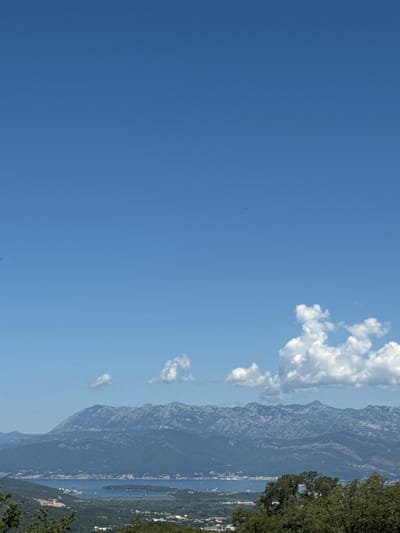 The image depicts a panoramic view of a coastal mountainous landscape, likely from an elevated vantage point in or near the city of Gorovići, Montenegro. The upper portion of the frame is dominated by a clear, bright blue sky, with a few scattered white cumulus clouds.
In the middle ground, a vast body of water, possibly the Adriatic Sea or a bay, is visible, with a line of coastal towns and buildings stretching along its edge. The water appears calm, with some boats dotting the surface. Beyond the water, a range of imposing, rugged mountains rises majestically, their peaks and slopes rendered in varying shades of blue and gray due to atmospheric perspective. The texture of the mountains suggests rocky terrain.
The foreground is characterized by lush green vegetation, including trees with dense foliage, and hints of human settlements with rooftops visible amongst the greenery. The overall scene conveys a sense of natural beauty and tranquility, with a clear delineation between the sky, the sea, the mountains, and the terrestrial landscape. The lighting suggests it is daytime, likely late morning or early afternoon, given the brightness and the shadows cast by the clouds. There are no people or specific actions discernible in the image.