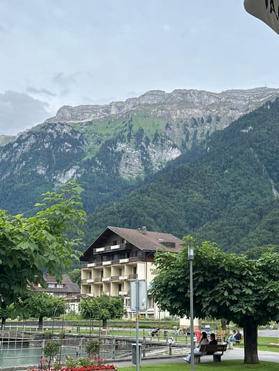 The image captures a serene outdoor scene in Bönigen, Switzerland. In the foreground, two people are seated on a bench under a large leafy tree, engaged in conversation. Adjacent to them, another group of people are also seated on a bench, enjoying the outdoors. A streetlamp stands tall nearby. In the mid-ground, a picturesque body of water is visible, bordered by a railing and pathway. Beyond the water, a building with multiple balconies and a brown roof is present. In the background, a vast, verdant mountain range dominates the skyline, its slopes covered with dense evergreen trees and rocky outcrops. The sky above is overcast with light clouds.