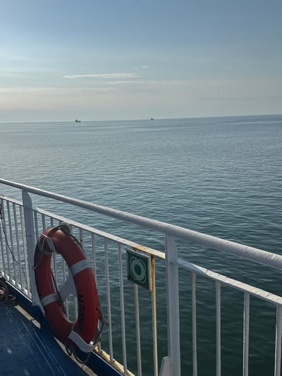 The image shows a calm sea from the perspective of a ferry. A white metal railing separates the viewer from the water. A bright orange life preserver, with white stripes, is hanging on the railing. The life preserver has the word "EMDEN" written on it in white letters. In the distance, there are a few small boats on the water. The sky is a pale blue with some wispy clouds. The overall scene is serene and peaceful, suggesting a clear day at sea. The lighting indicates it is daytime, likely morning or late afternoon due to the soft light. The presence of the ferry and life preserver suggests the viewer is on a sea voyage or traveling by ferry.