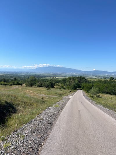 The image is a vertical, wide-angle shot of a paved road winding uphill through a grassy, rural landscape. The road occupies the lower right portion of the frame and is flanked by gravel on the left and dry grass and scattered wildflowers on the right. Beyond the immediate roadside, a verdant hillside is dotted with trees and shrubs, leading to a valley in the distance. This valley is filled with a patchwork of green fields, some with buildings interspersed. Further in the background, a city skyline is visible with mountains forming a backdrop, partially obscured by a hazy sky with scattered white clouds. The sky is a clear, bright blue.
The location is identified as being in the vicinity of Balsha, Bulgaria, specifically from a vantage point looking towards the Vitosha mountain range which forms the backdrop for Sofia. The road itself appears to be a minor, unlined asphalt road, possibly used for recreational purposes given the tire marks visible on its surface. The overall environment is pastoral and appears to be a sunny day. No people or animals are visible in the image.