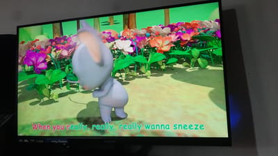 The media file displays a screenshot of a cartoon animation playing on a television screen. The animation features a light gray, cartoonish character with large ears, facing away from the viewer and hunched over, as if about to sneeze. The character is standing in a brightly colored garden filled with a variety of flowers in shades of pink, purple, and orange, alongside lush green foliage. The background shows stylized trees with a bright green sky.

Visible at the bottom of the screen is text in a gradient of pink to green, which reads: "When you really, really, really wanna sneeze." Below this text, on the bezel of the monitor, are logos and text including "IPS 100Hz," "FHD," "HDR," "HDMI," and "N-VISION." The overall scene is cheerful and vibrant, suggesting a children's educational or entertainment program. The location context provided is Kawit, Philippines, but there are no visual cues within the image to confirm this specific location. The lighting suggests it could be daytime, given the bright and colorful nature of the animation. The character's posture evokes a sense of anticipation or mild discomfort.