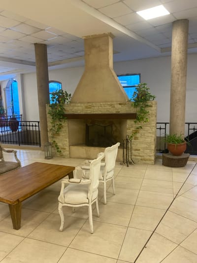 This image depicts an interior common area or lounge, likely a lobby, situated in Canning, Argentina. The scene is dominated by a central fireplace structure with a beige stucco hood tapering upwards from a mantel made of a dark wooden beam, supported by a base constructed from light-toned, stacked stone blocks. Green trailing plants are draped decoratively over both sides of the fireplace mantel. A black metal fire screen covers the firebox opening, and black metal fireplace tools stand to its right.

To the left of the fireplace, a textured cylindrical pillar rises, matching another pillar on the far right. In the foreground, a rectangular dark wood coffee table is positioned, flanked by seating. To the left of the table, a partially visible ornate armchair with light grey upholstery and a distressed light-colored wooden frame is present. To the right of the table, two white-painted, ornate armchairs with light-colored upholstery and dark piping face the fireplace, with a third similar chair partially visible further right.

The flooring consists of large square light beige ceramic tiles. The ceiling is a suspended grid system with rectangular acoustical panels and several square recessed light fixtures, one of which is brightly illuminated. The walls are plain white. In the background, behind the fireplace, two windows with a distinct blue tint are visible. A black wrought iron railing is present on the left side of the image, suggesting a balcony or a change in floor level, with distant green foliage visible beyond it. Another section of the railing is visible on the far right. A terracotta pot containing a green, spiky-leaved plant rests on a cylindrical wooden stump to the right of the fireplace, and a grey lantern-style decorative item is on the floor near the left pillar. No people are visible in the scene.