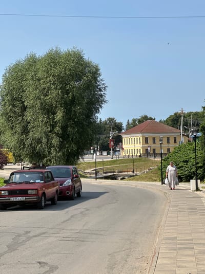 A sunny day scene captures a curved street in the city of Terpilovo, Russia. Two red cars are parked along the road, with one a classic sedan and the other a more modern hatchback. A large, leafy tree dominates the left side of the frame, casting dappled shadows. In the background, a yellow, two-story building with a red roof stands against a clear blue sky. A woman in a long, patterned dress walks along the tiled sidewalk, carrying two plastic bags. The street appears to be well-maintained, with a pedestrian crossing and lampposts lining the sidewalk. The overall impression is one of a peaceful, everyday scene in a Russian provincial town.