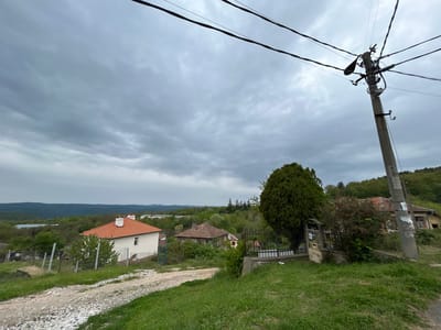 The scene is a cloudy day in Gramatikovo, Bulgaria. A dirt road leads past a small, white house with a red-tiled roof and a chimney. A second, older house with a brown roof is partially obscured by greenery. A dark green, round tree stands next to an open gate and a concrete post with utility lines above it. The landscape is rolling hills and forest, fading into a hazy distance. The overall impression is of a rural, lived-in environment.