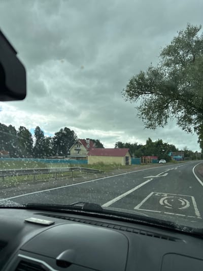 The image shows a view from inside a vehicle looking out at a rural road in the city of Tamshiner, Russia. The sky is overcast with dark clouds. On the right side of the road, a large tree with green foliage extends into the frame. The road itself is paved and has white lane markings. A special parking spot marked with a symbol for disabled individuals is visible on the right side of the road.
On the left side of the road, there is a metal guardrail, followed by a grassy area and then a blue fence. Behind the fence are several buildings, including a yellow building with a red roof and a larger house with a red roof, yellow siding, and white trim. Trees and greenery are visible in the background. A white car is parked on the side of the road in the distance. The windshield of the vehicle has water droplets on it, suggesting it may be raining or has recently rained. The dashboard of the vehicle is visible in the foreground.