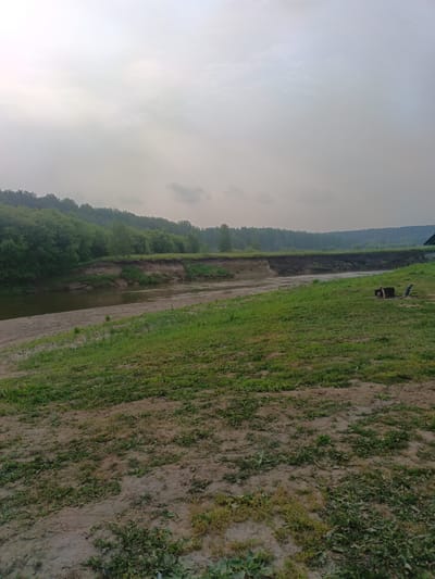This media file captures a serene natural landscape in Toguchin, Russia. The scene depicts a wide river flowing through a verdant area, bordered by dense green forests on the far bank. The riverbank on the near side is a mix of sandy soil and lush green grass, sloping upwards from the water's edge. The sky above is overcast, suggesting a cloudy or possibly approaching rain, but the overall lighting indicates it is likely daytime, perhaps late afternoon or early evening, given the diffused light.
Notable details include a steep, eroded embankment on the opposite side of the river, showcasing layers of soil and roots, a testament to the natural forces shaping the landscape. On the grassy bank in the foreground, there are a few small objects that appear to be logs or branches, possibly remnants of a campfire or gathered for firewood, suggesting human presence or past activity in the area. The overall atmosphere is peaceful and quiet, emphasizing the tranquility of the natural environment. There is no visible text in the image.