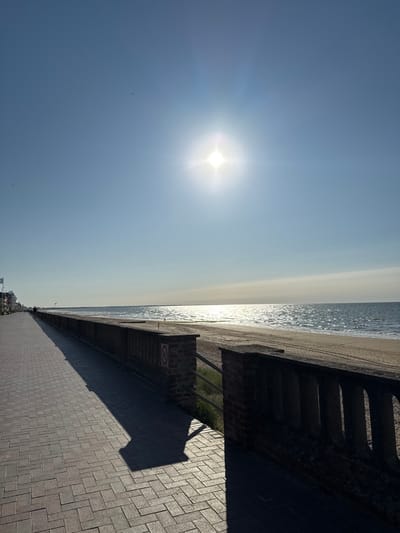 A sunny seaside scene displays a hazy sky, a radiant sun, and a calm ocean. A concrete pier with shadowed stairs separates the sea from a paved walkway, creating a strong linear division. The walkway extends into the distance, lined with buildings and hinting at human presence. The lighting is bright, casting long shadows across the walkway. The horizon is blurred by atmospheric haze.