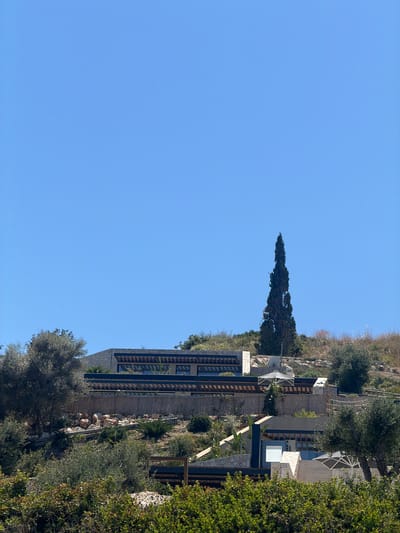 The image depicts a modern building nestled into a hillside, likely a resort or private residence, in Elaties Municipal Unit, Greece. The building features multiple levels with a facade composed of stone and dark-framed windows. Natural elements are integrated into the architecture, with wooden louvers and balconies, and lush greenery surrounding the structure. Several trees, including a tall, slender cypress and an olive tree, are visible, suggesting a Mediterranean climate. The landscape is rocky and uneven, characteristic of a hilly terrain. The sky is a clear, vibrant blue, indicating fair weather and likely daytime. There are no people or specific activities visible, giving the impression of a peaceful and tranquil setting. The building's design appears to harmonize with the natural environment, utilizing materials that blend with the surroundings. The overall impression is one of contemporary architecture set within a natural, scenic landscape.