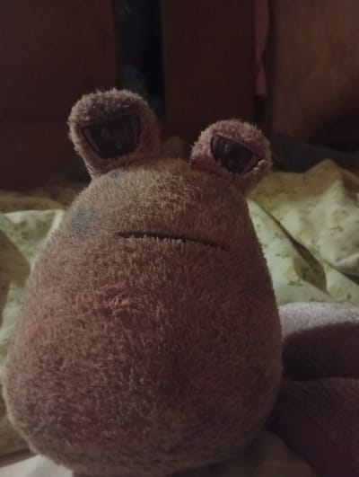 A close-up, head-on shot of a worn, pink, fuzzy stuffed toy, possibly a frog or alien, is captured. The toy has large, round ears with dark, hollow eye sockets. A horizontal slit suggests a mouth. The toy is positioned on a surface covered with a light-colored fabric featuring a floral pattern in shades of green and yellow, with what appears to be another textured fabric, possibly a blanket, underneath. The background is dark and out of focus, suggesting an indoor setting. There is a dark smudge on the left side of the toy's head. The lighting is dim, with the toy illuminated from the front, casting subtle shadows. No people are visible in the image. The image was taken in Berezivka, Ukraine.