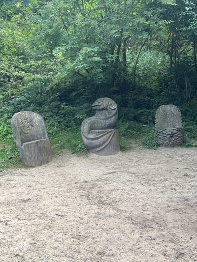 Three wooden sculptures are situated on a dirt path in a wooded area. The sculpture on the left is a carved wooden seat with a star-like design on its back. The central sculpture is a larger, more intricate carving of a creature with a head and body, appearing to be seated. To the right, another wooden sculpture resembles a seat with a leaf-like design on its back and a textured base. The background consists of dense green foliage. The scene appears to be a public park or outdoor recreational space.