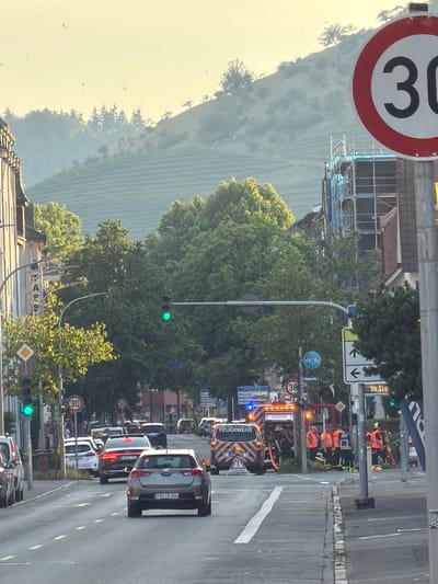 The image depicts a street scene in Singen (Hohentwiel), Germany, on a hazy day with a hillside covered in terraced vineyards in the background. A traffic light is green. In the foreground, a gray hatchback car with German license plate "KN IR 606" is driving on the road. To the right, a speed limit sign shows "30". Further down the street, a fire truck labeled "FEUERWEHR" is parked, with several firefighters in orange vests and blue helmets gathered around it. There are other vehicles and buildings lining the street, and scaffolding is visible on one of the buildings.