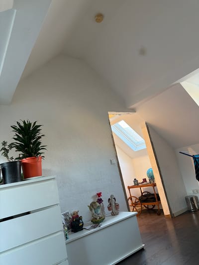 The image depicts an interior scene within a residential building located in Herxheim, Germany. The primary room features white, textured walls and a white, sloped ceiling. A light-colored circular smoke detector is affixed to the ceiling, below which a faint, irregular brown stain is visible. The floor is covered with dark wood laminate.

In the foreground, to the left, stands a white chest of drawers with four visible drawers. On its top surface, two potted plants are positioned: one in a black pot and another, larger plant in an orange terracotta-style pot. To the right of the chest, on a lower white cabinet or shelf, several decorative items are arranged. These include a light-colored figurine resembling an angel holding baskets, a black piggy bank shaped like a pig with yellow features, and another smaller figurine or object.

An unadorned archway, revealing unfinished or raw edges, leads into an adjacent room. Through this archway, a skylight is visible in the sloped ceiling of the adjoining room, admitting natural light. The room beyond contains a wooden serving cart or trolley featuring two large, spoked wagon-style wheels and smaller caster wheels. On the upper tier of the cart, two dark lanterns and a reddish item are present, while a dark bag or object rests on the lower shelf. Behind the cart, a blue globe is visible. The dark wood laminate flooring extends into this secondary room. To the far right of the frame, partially visible against a white wall, are a blue clothes drying rack with a dark garment hanging on it, two white European-style electrical outlets, and a metallic, cylindrical trash bin with a lid.