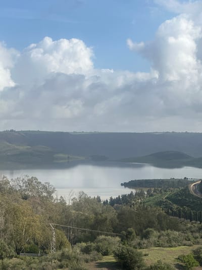 A wide-angle landscape photograph displays a panoramic view of a large body of water, likely a reservoir or lake, situated within a hilly, vegetated environment near Oumazza, Morocco. The sky occupies the upper third of the frame, featuring scattered cumulus clouds against a light blue background; cloud formations vary from bright white to diffuse grey.
The middle ground is dominated by the still, reflective surface of the water, mirroring the sky and distant landforms. Surrounding the water are undulating hills, appearing dark green to bluish-grey due to atmospheric distance, with lighter green cultivated or vegetated patches discernible on their upper slopes.
The foreground and mid-right sections of the image present densely vegetated terrain sloping towards the water's edge. This vegetation includes various green trees and shrubs. A lattice steel electrical utility pole supporting horizontal power lines is visible in the lower-left quadrant. On the far right, a curved segment of a paved road follows the contour of the land adjacent to the water, displaying faint linear light streaks on its surface, potentially from vehicles. The shoreline is irregular, with several small vegetated peninsulas extending into the water. No human figures or animals are present in the observable scene. The environment is under natural daylight illumination.