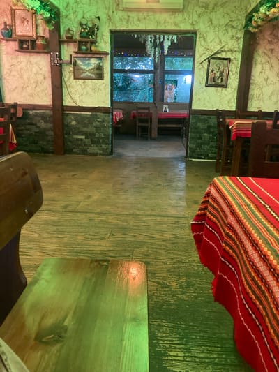 This image captures the interior of a restaurant or traditional establishment in Panagyurski kolonii, Bulgaria, characterized by a dominant green ambient light. The foreground features the backrest of a wooden chair on the left, and a wooden table with a reflective surface. To the right, the corner of another wooden table is visible, covered with a red tablecloth featuring intricate striped and patterned designs in red, green, yellow, orange, and white. The floor is made of distressed, light-colored wooden planks, heavily tinted green by the lighting.
In the mid-ground, a wide, dark wooden archway opens into an adjacent space, revealing windows that look out onto blurred green foliage, suggesting an outdoor or semi-outdoor area. Within this secondary space, additional wooden tables and chairs with red tablecloths are discernible. The walls flanking the archway are decorated with a textured, light-colored wallpaper or finish that appears almost white or beige with a subtle pattern, overlaid on a darker, possibly brick-patterned wainscoting.
The walls are adorned with various objects. On the left wall, a framed religious icon, possibly Orthodox, with a golden background and depicting figures, is mounted above a small wooden shelf holding two decorative ceramic pots—one blue and one reddish-brown. Above the icon, artificial green foliage hangs. On the right wall, adjacent to the archway, another small wooden shelf holds a few decorative items, including what appears to be figurines and another ceramic pot. Below this shelf, a framed landscape painting, depicting a body of water and trees under a sky, hangs on the wall. Further to the right on the same wall, another framed religious icon with a metallic or reflective background and a central figure is displayed. Wooden support beams are integrated into the wall structure, complementing the rustic aesthetic. No people are present in the scene.