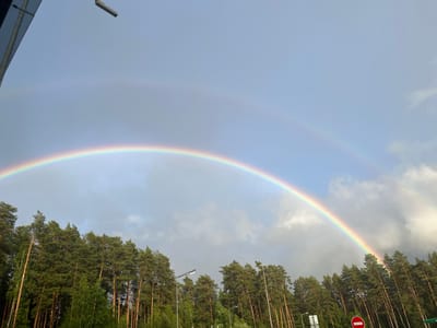 The image captures a natural phenomenon, a double rainbow, in the sky above a line of tall pine trees. The sky is a mixture of blue and grey clouds, with the sun likely positioned behind the clouds to create the rainbow. The primary rainbow is vivid and arched, displaying a full spectrum of colors. Above it, a fainter secondary rainbow is visible. The trees are dense and green, forming a distinct horizon line. In the foreground, part of a dark, possibly metallic structure, is visible on the left edge, and a street lamp is mounted on a pole near the center. A red and white circular "No Entry" sign is visible on the right side of the image, suggesting this scene is near a road or thoroughfare. The location is identified as being in the vicinity of Гудагайскі сельскі Савет, Belarus. The scene is static, with no people or animals present.